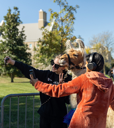 Two UToledo students take selfies with a llama at Wednesday’s CAP Petting Zoo on Memorial Field House lawn.