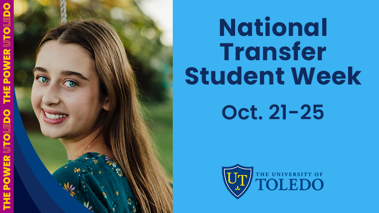 ALT: Promotional graphic for National Transfer Student Week with a headshot of Madison Jacob.