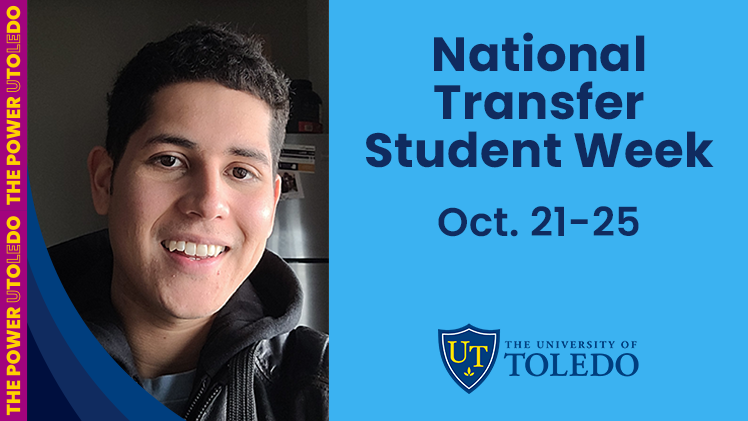 Promotional graphic for National Transfer Student Week with a headshot of Anthony Rivera.