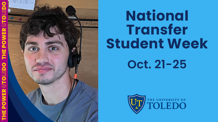 Promotional graphic for National Transfer Student Week with a headshot of Isaac Machon.