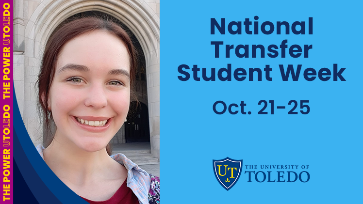 Promotional graphic for National Transfer Student Week with a headshot of Rachel Ackerman.