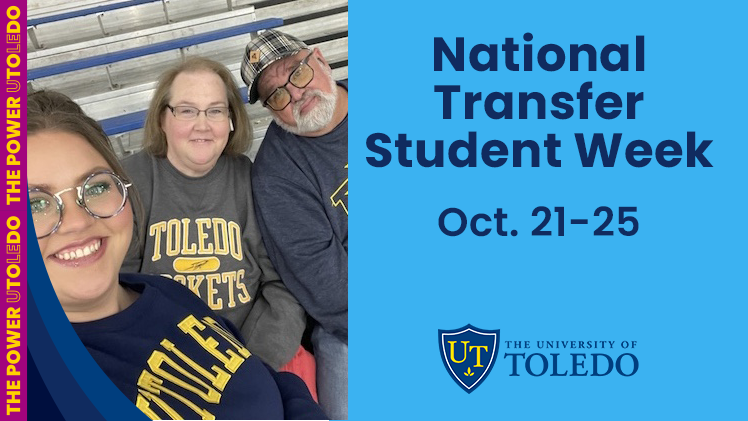 Promotional graphic for National Transfer Student Week with a family selfie of  husband and wife, Chad and Jayne Durham, and their daughter, Kally Durham.