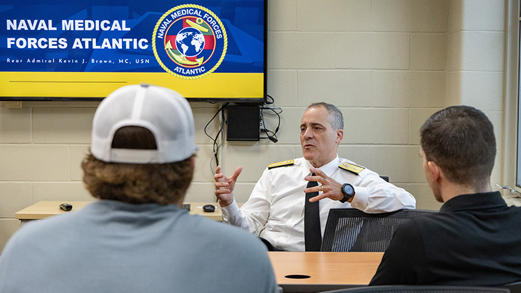 Rear Adm. Kevin J. Brown, a family medicine specialist and commander of Naval Medical Forces Atlantic, visited UToledo on Sept. 27 to speak with students about health profession opportunities in the U.S. Navy.