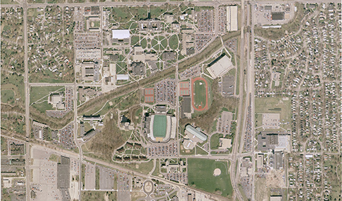 An aerial photo of the UToledo Main Campus in 1998.