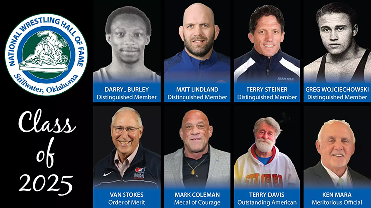 Promotional graphic announcing that that former Rocket Greg Wojciechowski has been named to National Wrestling Hall of Fame's Class of 2025 as a Distinguished Member. The graphic has a headshot of Wojciechowski and other members of the Class of 2025.