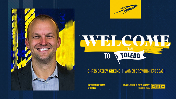 Promotional graphic announcing the hire of Chris Bailey-Greene as the Toledo Athletic program's first women's rowing head coach. 