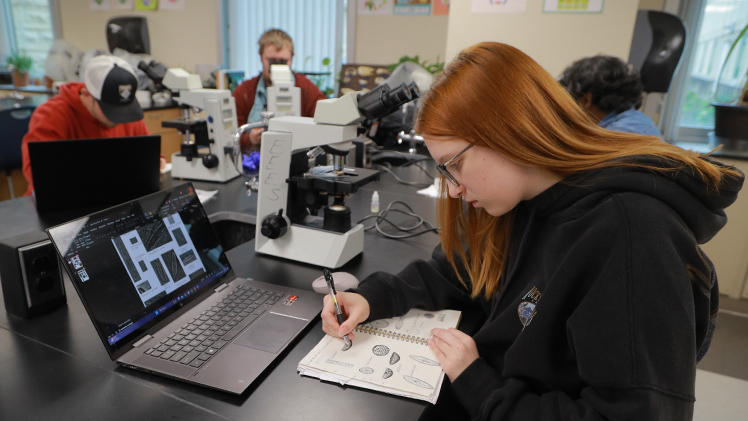 Lauren Makinen, an environmental sciences senior, sketches the diatoms she observes under a microscope during the class Algae, Art and the Environment.