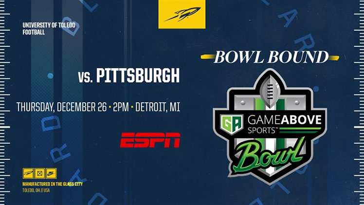 Promotional graphic announcing that The University of Toledo has accepted an invitation to play the Pittsburgh Panthers in the 2024 GameAbove Sports Bowl at Ford Field in Detroit on Thursday, Dec. 26. The contest will kick off at 2 p.m. and will be nationally televised on ESPN. 