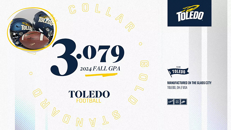 Promotional graphic announcing that The University of Toledo Football team earned a 3.079 GPA in the 2024 fall semester, its fourth consecutive term over a 3.0 team GPA.