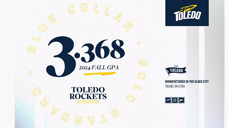 Athletics graphic announcing that University of Toledo student-athletes earned a grade point average of 3.368 in the 2024 fall semester.