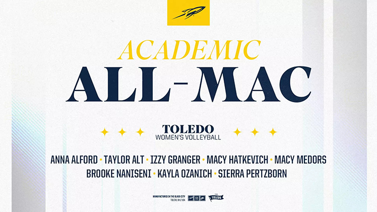 Promotional graphic announcing that 8 players on the Toledo women's volleyball team were named to the Academic All-MAC team.