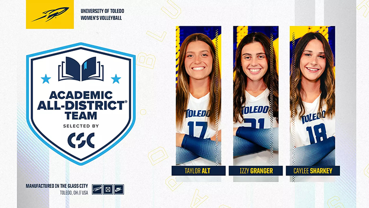 Promotional graphic announcing that Toledo women's volleyball players Taylor Alt, Izzy Granger and Caylee Sharkey earned academic honors.