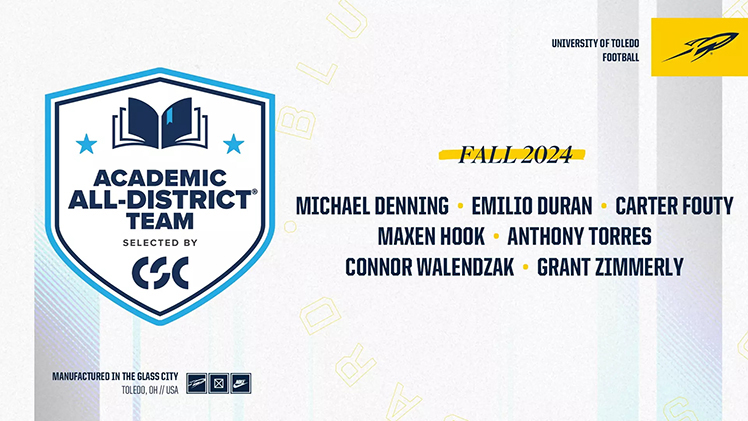 Promotional graphic announcing that seven members of the Toledo football team have been named to the College Sports Communicators' (CSC) 2024 Academic All-District Squad.