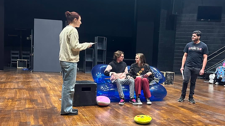 Dea Kukeli and Gerardo Rosario, standing, and Oliver Marconi and Aaron Smith, sitting, rehearse the play ‘Midnight Glitch’ ahead of the fourth annual Festival of New Student Works opening Thursday, Feb. 6.