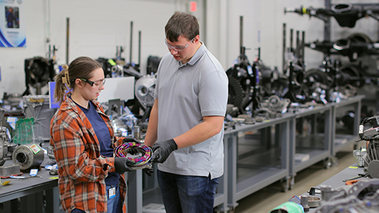 Meredith Harrison, left, and Kurt Meiring were among the students to complete a fall co-op at Dana Incorporated. Harrison completed five co-ops at the automotive manufacturing supplier before she graduated with a bachelor’s degree in mechanical engineering in December.