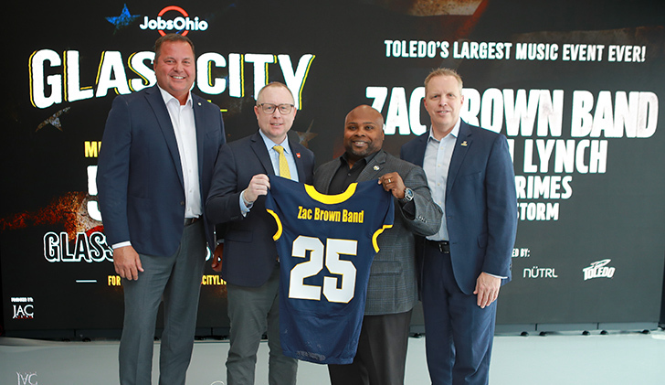 From left, Eric Ryan, president and CEO of JAC Live, Ryan Blackburn, director of projects and programs for JobsOhio, Bryan Blair, vice president and director of athletics, and Matt Schroeder, University of Toledo interim president.