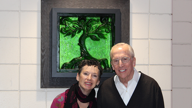 Artist Baker O’Brien, left, and Distinguished University Professor emeritus Dr. Max Funk attend the dedication of the artwork ‘Elements of Life’ in Wolfe Hall.