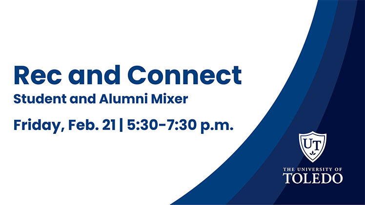 Promotional graphic for the Rec & Connect: Student & Alumni Mixer, scheduled Friday, Feb. 21, from 5:30 to 7:30 p.m. at the Student Recreation Center.