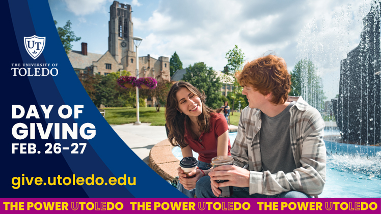 Promotional graphic for the 2025 Day of Giving from Feb. 26-27, with a photo of a female and male student talking outside.