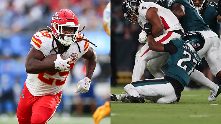 Side-by-side in-game photos of Kareem Hunt, a running back for the Kansas City Chiefs, and Quinyon Mitchell, a cornerback for the Philadelphia Eagles, both of whom are playing on opposite sides of the field in Super Bowl LIX.