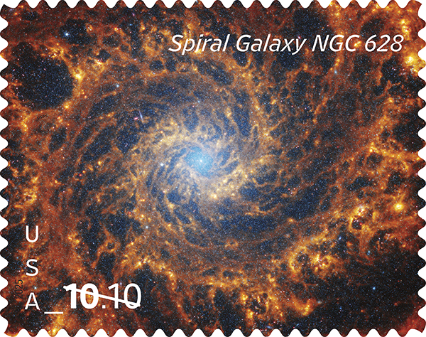 Image of the new Spiral Galaxy Priority Mail stamp, which showcases NGC 628, a spiral galaxy 32 million light-years from Earth.