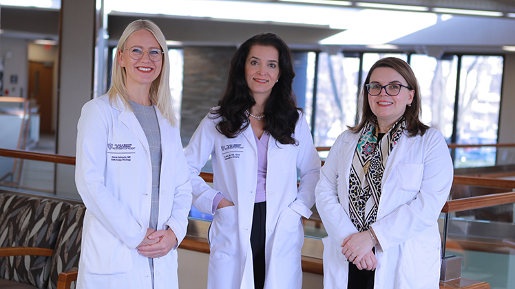 From left, Dr. Danae Hamouda, a medical oncologist; Dr. Natalie Rizk, a specialized breast surgeon, and Dr. Mersiha Hadziahmetovic, a radiation oncologist.  