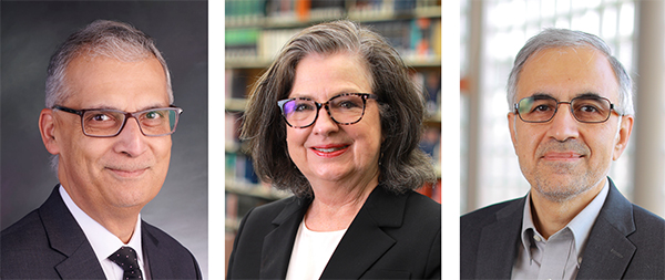 Side-by-side-by-side headshots of UToledo deans Dr. Imran Ali, Dr. Rebecca Zietlow and Dr. Mohammad Elahinia.