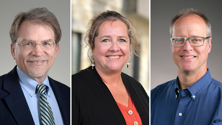 Side-by-side-by-side headshots of, from left, Dr. Michael Rees, Dr. Ellen Bolman Pullins and Dr. Randall Ellingson were named Distinguished University Professors.