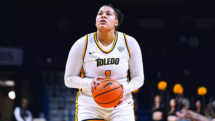 Photo of Nan Garcia at the free throw line. Garcia was named Mid-American Conference Sixth Player of the Year, highlighting four postseason conference honors for the Toledo women's basketball team, the league office announced on Tuesday.