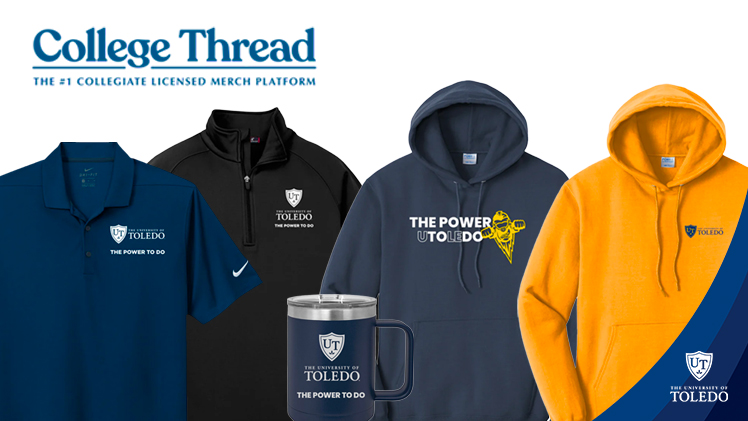 Promotional graphic of UToledo shirts, a hoodie and a coffee mug through the vendor College Thread.