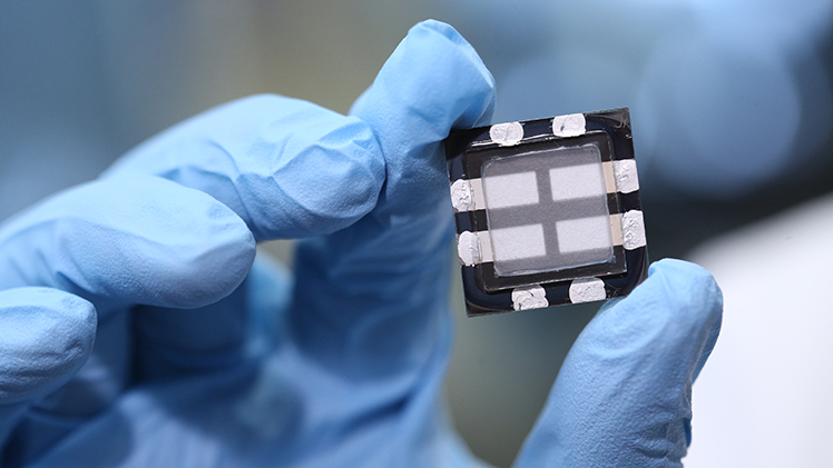 Close-up photo of a gloved hand holding a small perovskite solar cell.