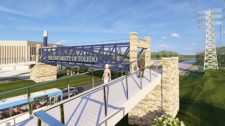 Computer rendering of the completed UToledo footbridge over Douglas Road. There are illustrated people walking on the bridge.
