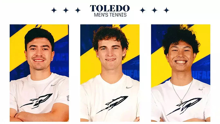 Athletics graphic announcing that Toledo men's tennis team placed three student-athletes, Charlie Snow, Matias Olivero and Poonthong Komolpisut, on the Academic All-MAC team for the 2025 season.