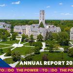 Graphic for the 2024-25 annual report video. It's a drone photo of the UToledo Main Campus during a bright, sunny day.