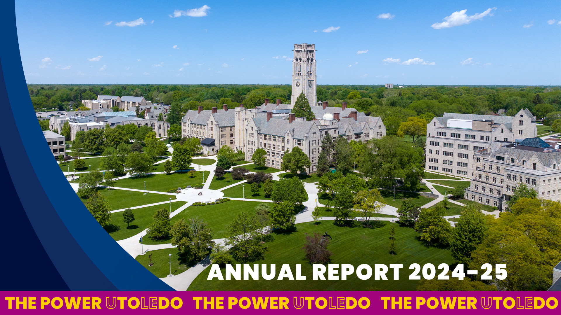 Graphic for the 2024-25 annual report video. It's a drone photo of the UToledo Main Campus during a bright, sunny day.