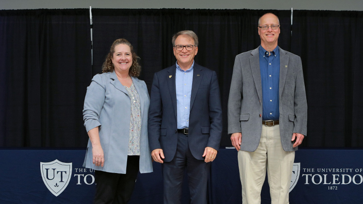 Distinguished University Professors are, from left, Dr. Ellen Bolman Pullins, the Schmidt Research Professor of Sales and Sales Management and a professor of marketing in the John B. and Lillian E. Neff College of Business and Innovation; Dr. Michael Rees, a professor in the Departments of Urology and Pathology in the College of Medicine and Life Sciences and a transplant surgeon and surgical director of the University of Toledo Medical Center’s kidney transplant program; and Dr. Randall Ellingson, the Wright Center for Photovoltaics Innovation and Commercialization Endowed Chair and a professor in the Department of Physics and Astronomy in the College of Natural Sciences and Mathematics.