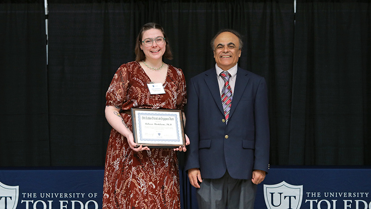 Recipients of the Edith Rathbun Award for Outreach and Engagement are, from left,Dr. Rebecca Monteleone, an assistant professor of disability studies in the Disability Studies program; and Dr. Ahalapitiya Jayatissa, a professor in the Department of Mechanical, Industrial & Manufacturing Engineering in the College of Engineering. 