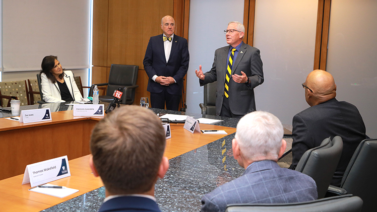 Dr. James Holloway addresses the UToledo Board of Trustees. Holloway will succeed Interim President Matt Schroeder on July 15.