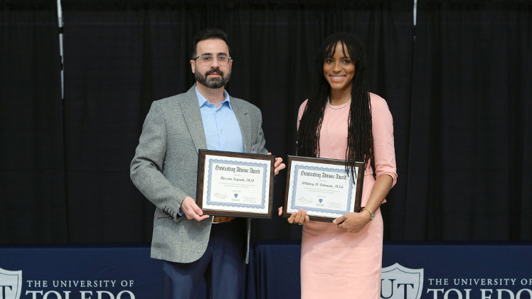 Recipients of the Outstanding Advisor Award are, from left, Dr. Hossein Sojoudi, interim chair and associate professor in the Department of Mechanical, Industrial & Manufacturing Engineering in the College of Engineering; and Whitney Valencia, Manager of Advising & Student Services in the Academic Advising Center.