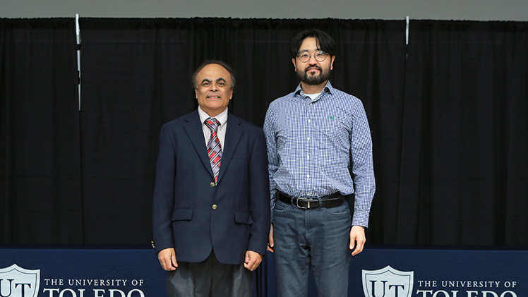 Recipients of the Outstanding Research and Scholarship Award are, from left, Dr. Ahalapitiya Jayatissa, a professor in the Department of Mechanical, Industrial & Manufacturing Engineering in the College of Engineering; and Dr. Youngwoo Seo, a professor in the Department of Chemical Engineering in the College of Engineering.