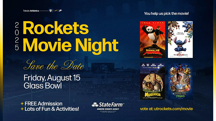 Promotional graphic for Rockets Movie Night on Friday, Aug. 10, with images of 4 movie posters.