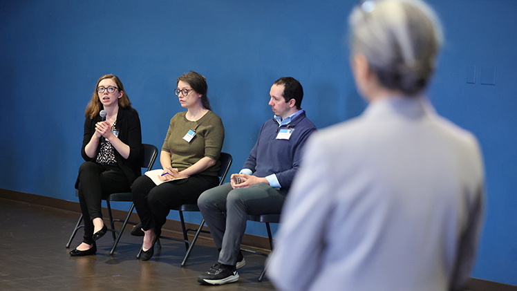 Krystal York of the Electric Power Research Institute, from left, Rebecca Kreuzer of the Pacific Northwest National Lab and Kevin Cranick of the Workforce Intelligence Network participate in a panel during an event exploring how to equip regional workers for the emerging hydrogen economy on Thursday.