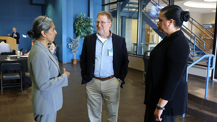 UToledo’s Dr. Sujata Shetty, from left, Dr. Mark Mason and Dr. Lesley Berhan lead the collaborative initiative to assess needs and opportunities for academic degree programs, courses and certifications related to the emerging hydrogen economy.