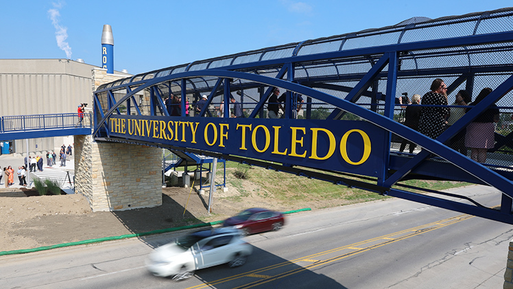 Photo of the new pedestrian bridge over Douglas Road, with people crossing the bridge as cars drive underneath it.