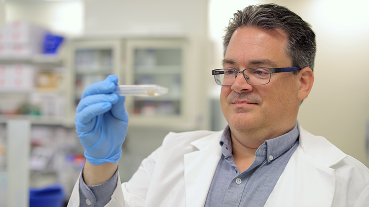 Photo of Dr. James Burkett, a neuroscientist and assistant professor in the UToledo College of Medicine and Life Sciences, looking at a syringe.