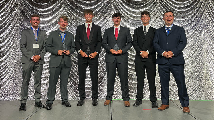 Liam Kiley, Holden Cobb, Caleb Kaiser, Zachary Liette, Tristan Hughes and Jason Waisner celebrate a first-place win at the ASCE UESI Surveying Competition at California Polytechnic State University in late June.