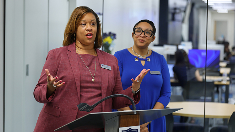 Tia Tucker, left, director of Academic Support Services, and Angelica Johnson, director of TRIO Student Support Services, shared comments on the significance of the new student spaces. 