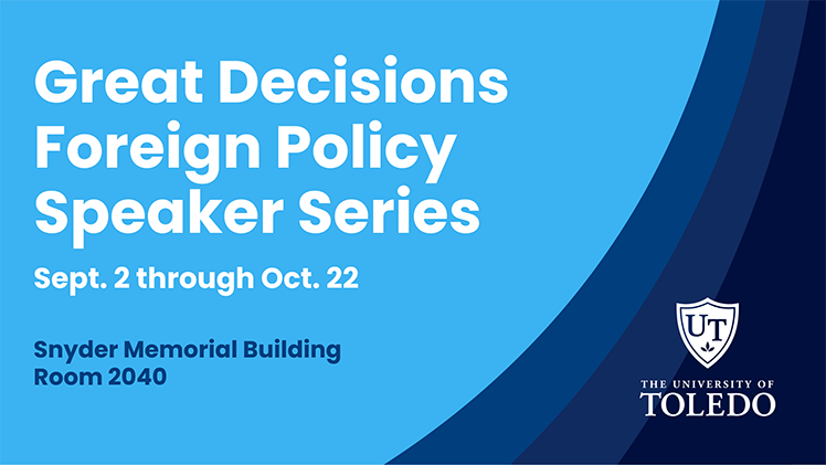 Promotional graphic for the Great Decisions, sponsored by the Department of Political Science and Public Administration, Sept. 22-Oct. 22 in Snyder Memorial Building Room 2040.