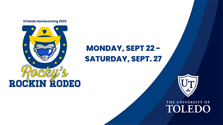 A graphic announcing the theme for the 2025 UToledo Homecoming, Rocky’s Rockin Rodeo, scheduled Monday, Sept. 22, through Saturday, Sept. 27.