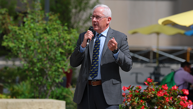 UToledo President James Holloway gives a speech at his first pep rally.